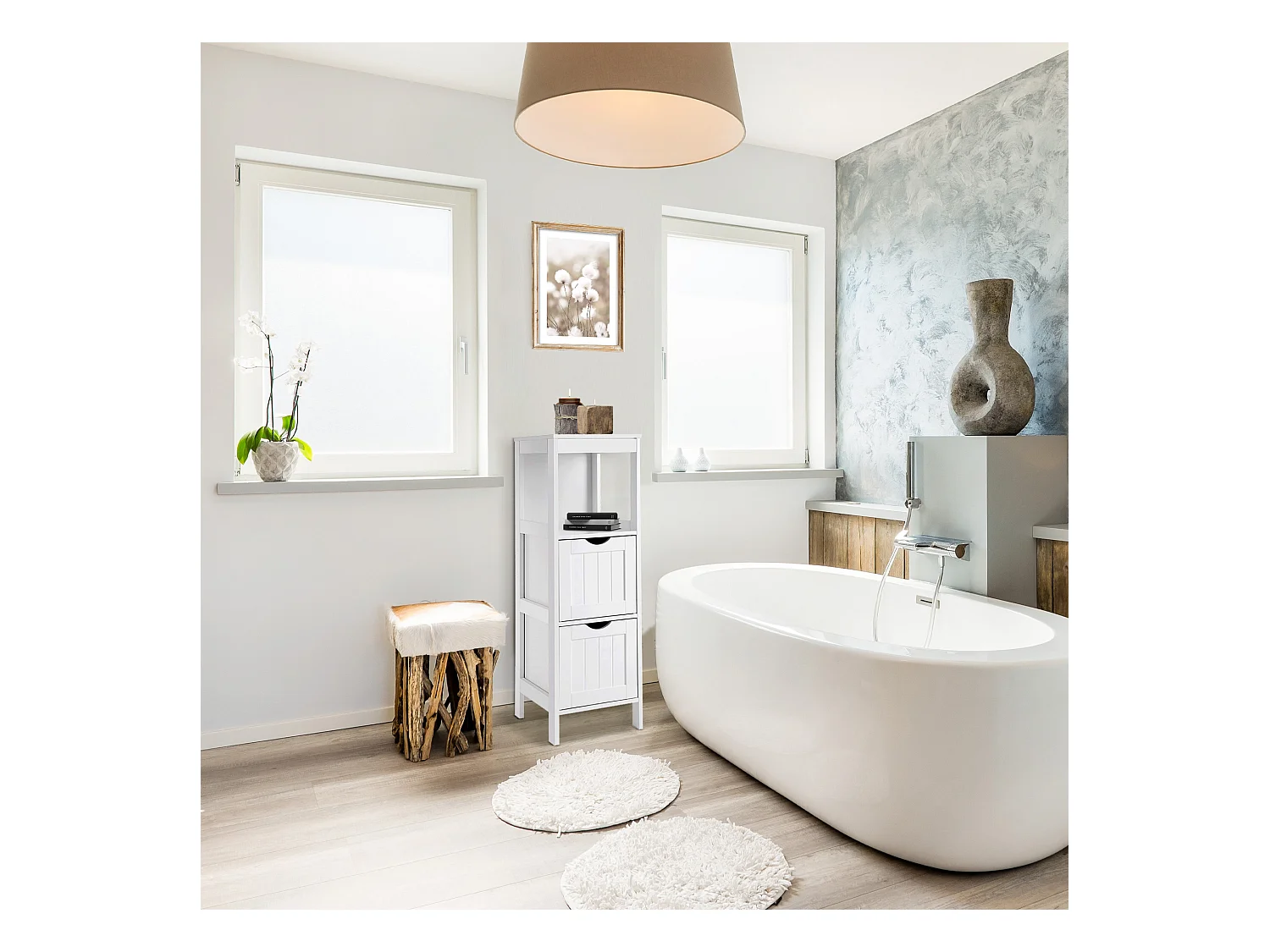 Armoire à colonnes en bois blanc avec 2 tiroirs et une étagère