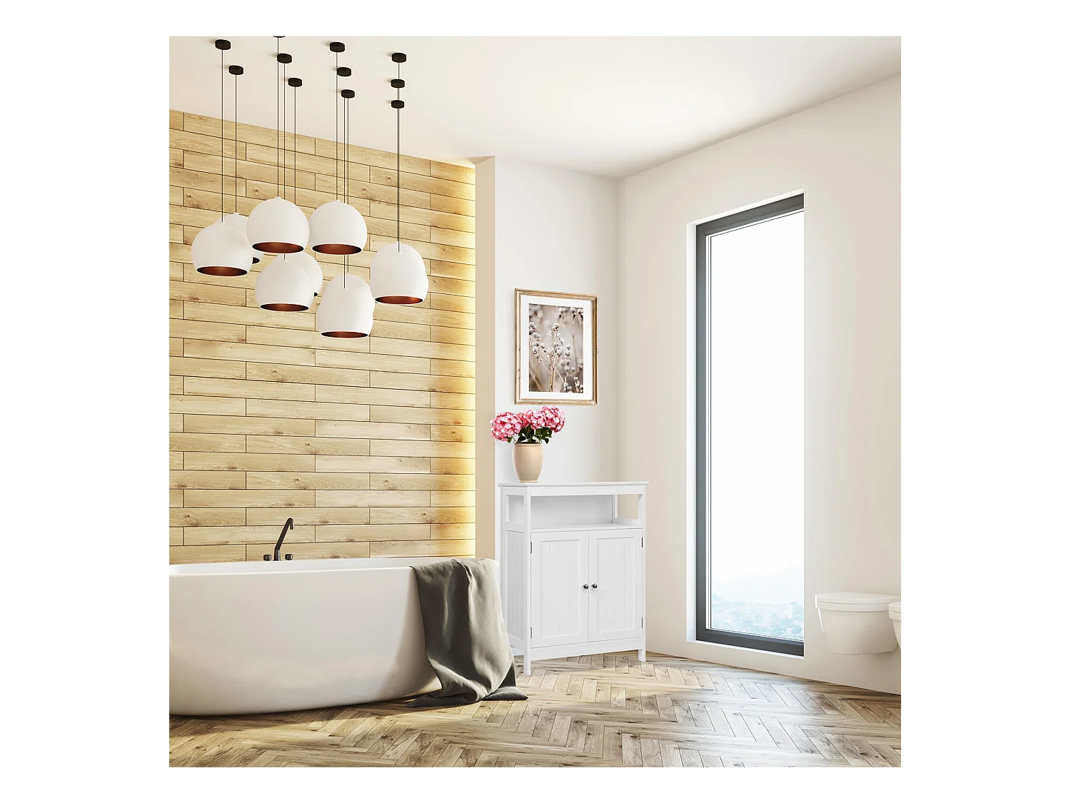 Armoire de salle de bain 2 portes et étagère en bois blanc  moderne