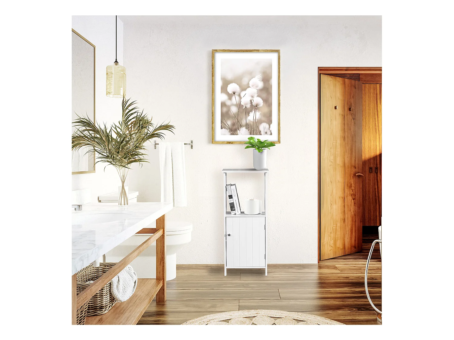 Meuble sur pied Meuble en bois blanc avec étagères pour salle de bains