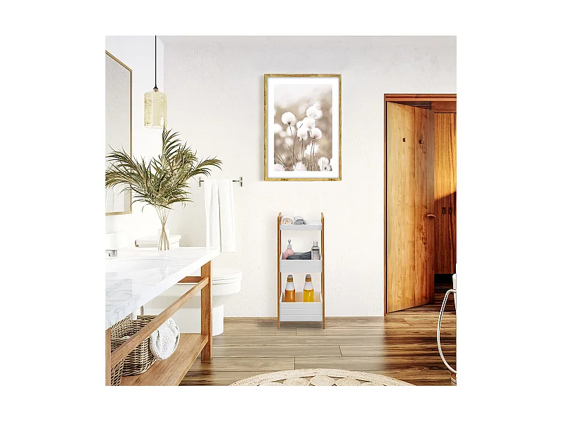 Étagère en échelle Meuble de salle de bain 3 étagères MDF Bambu Blanc
