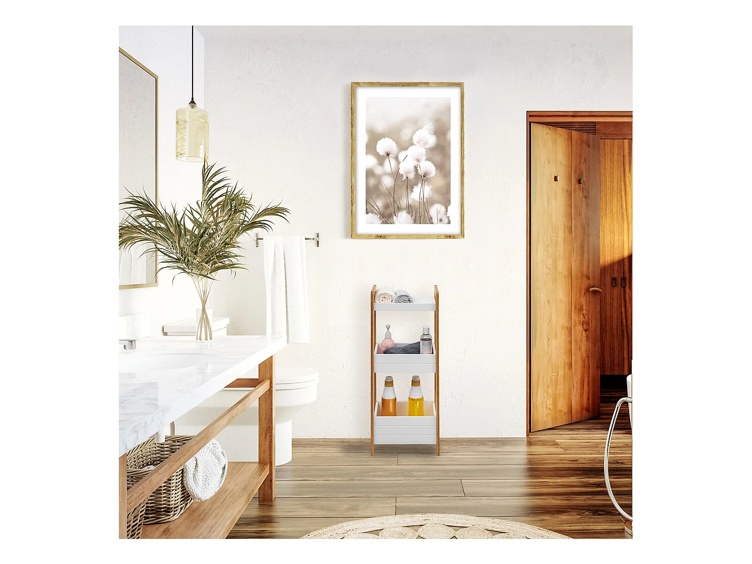 Étagère en échelle Meuble de salle de bain 3 étagères MDF Bambu Blanc