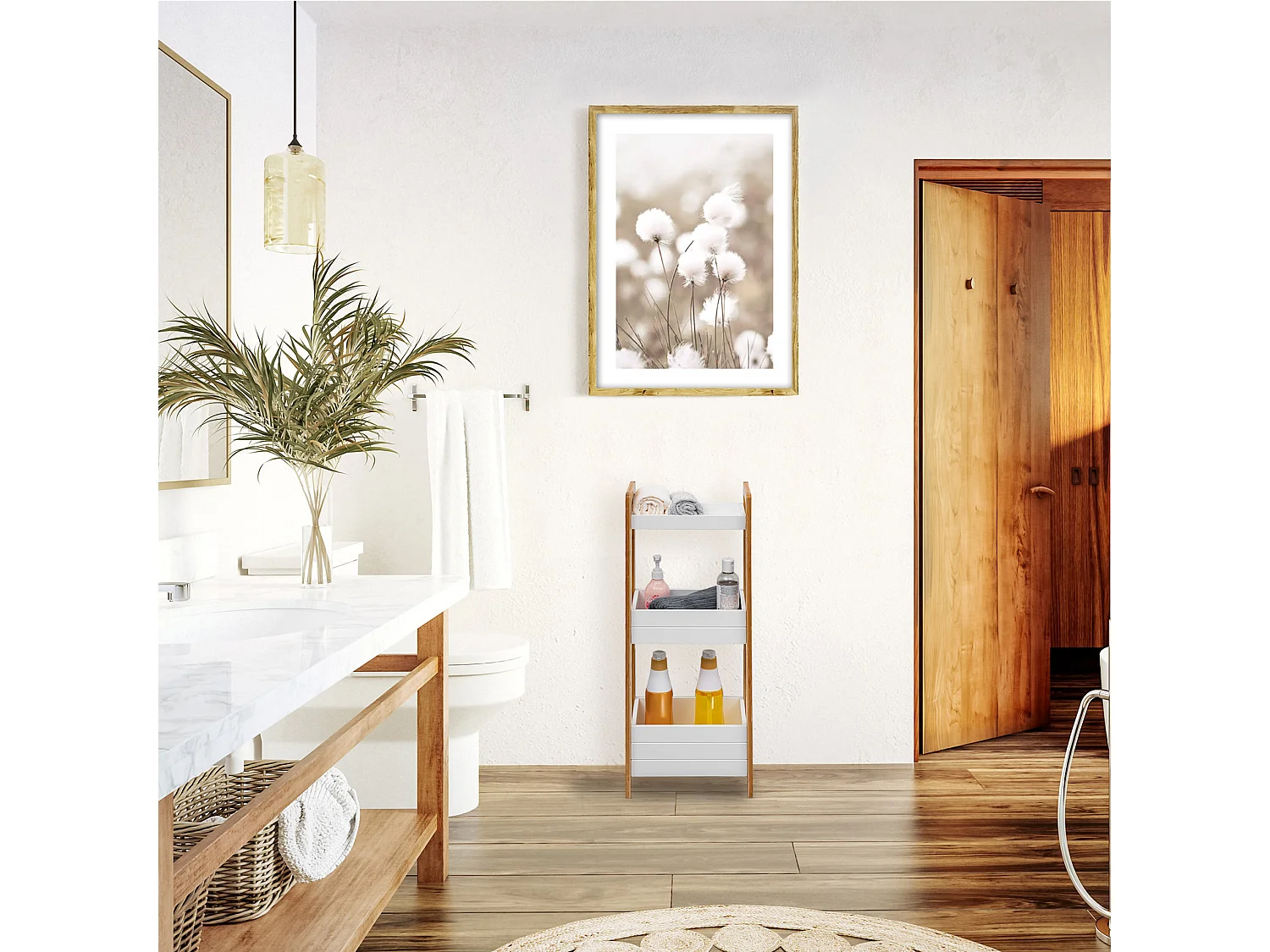 Étagère en échelle Meuble de salle de bain 3 étagères MDF Bambu Blanc