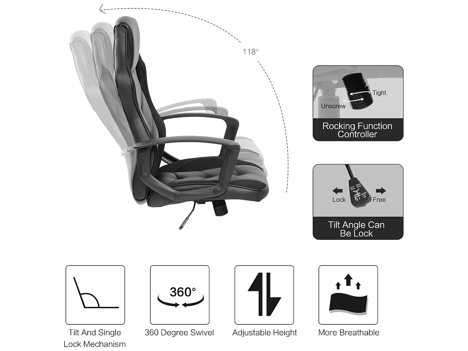 Cadeira de Jogo escritório Cadeira de Mesa Executiva em Couro Sintético Preto