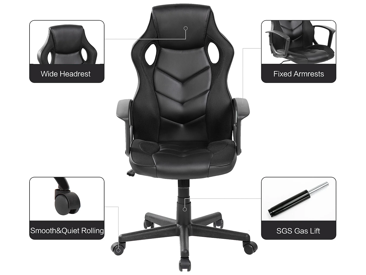 Cadeira de Jogo escritório Cadeira de Mesa Executiva em Couro Sintético Preto