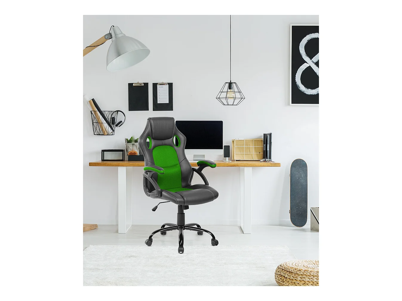 Sedia Game Poltrona Nero Verde Nylon Finta Pelle Ruote 120x66x63