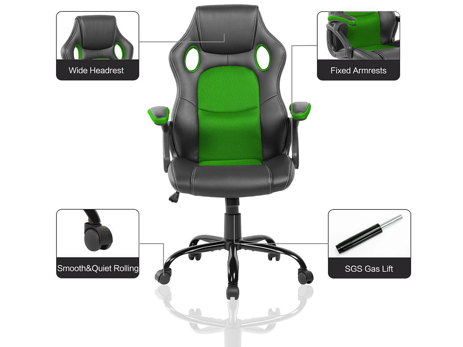 Chaise De Bureau Fauteuil Gamer Noir Vert Simili-cuir 120x66x63