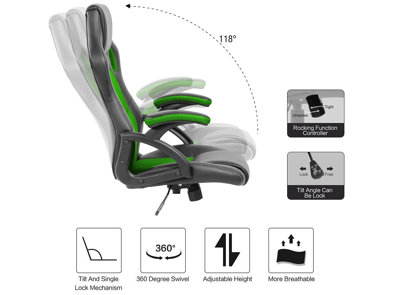 Chaise De Bureau Fauteuil Gamer Noir Vert Simili-cuir 120x66x63