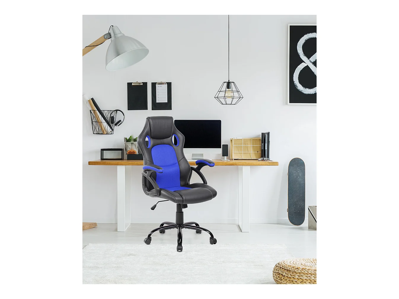 Poltrona Ufficio Sedia Nero Blu Nylon Finta Pelle 120x66x63