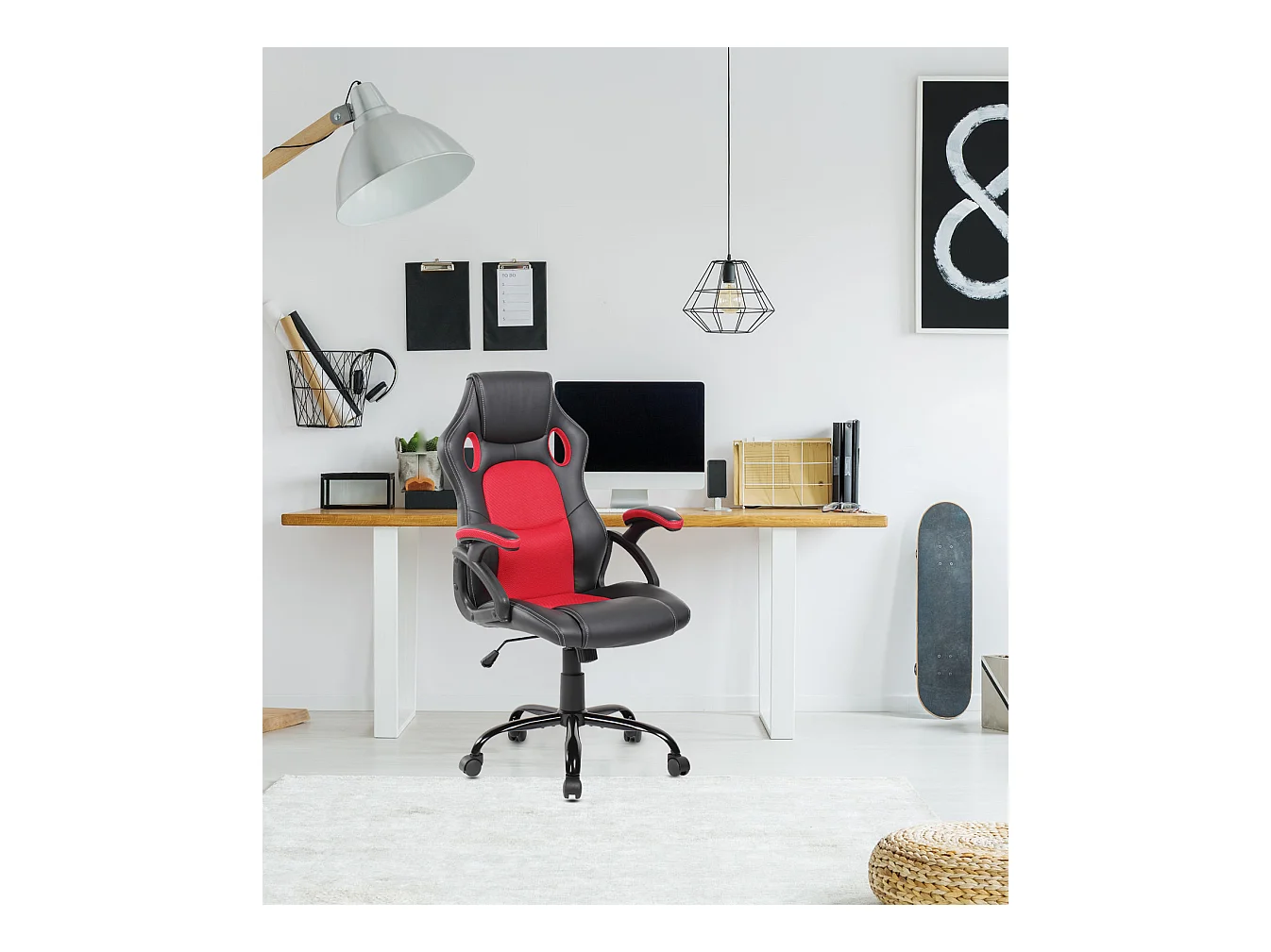 Sedia Ufficio Poltrona Nera Rossa Similpelle Nylon 120x66x63