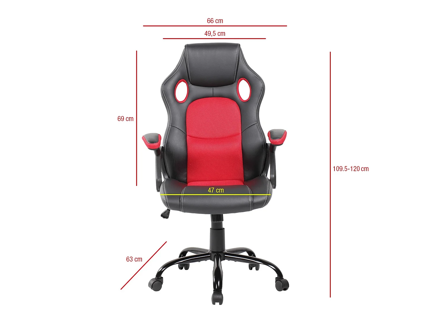 Sedia Ufficio Poltrona Nera Rossa Similpelle Nylon 120x66x63