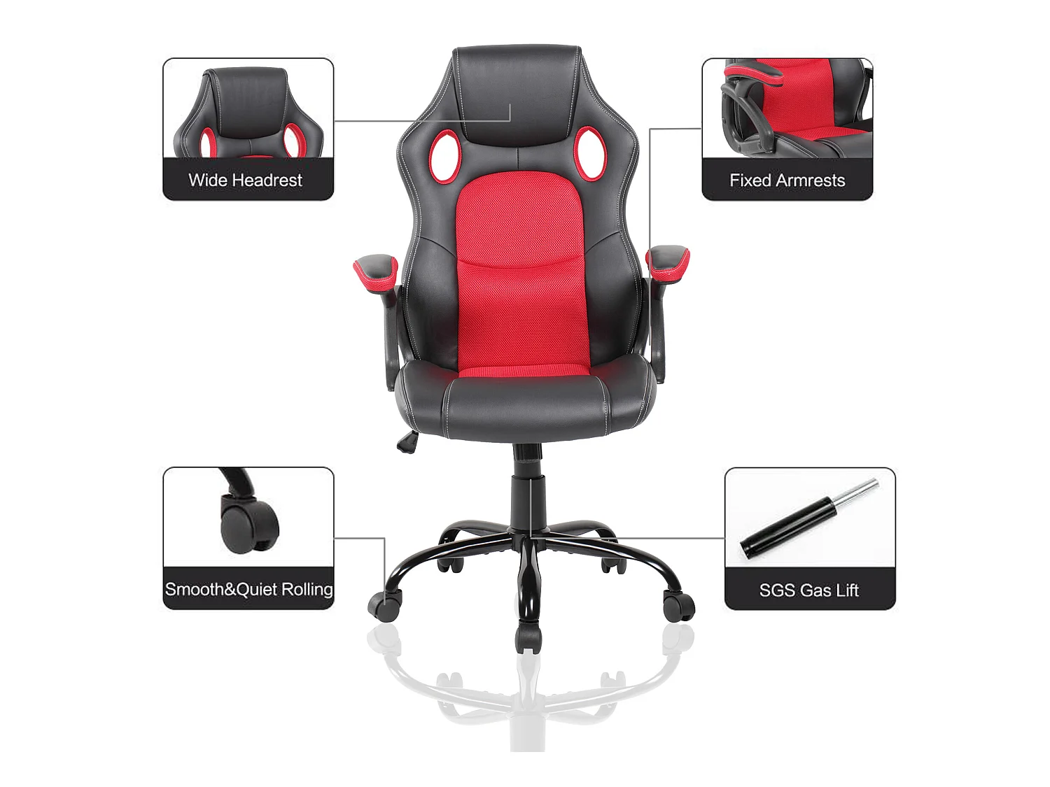 Sedia Ufficio Poltrona Nera Rossa Similpelle Nylon 120x66x63