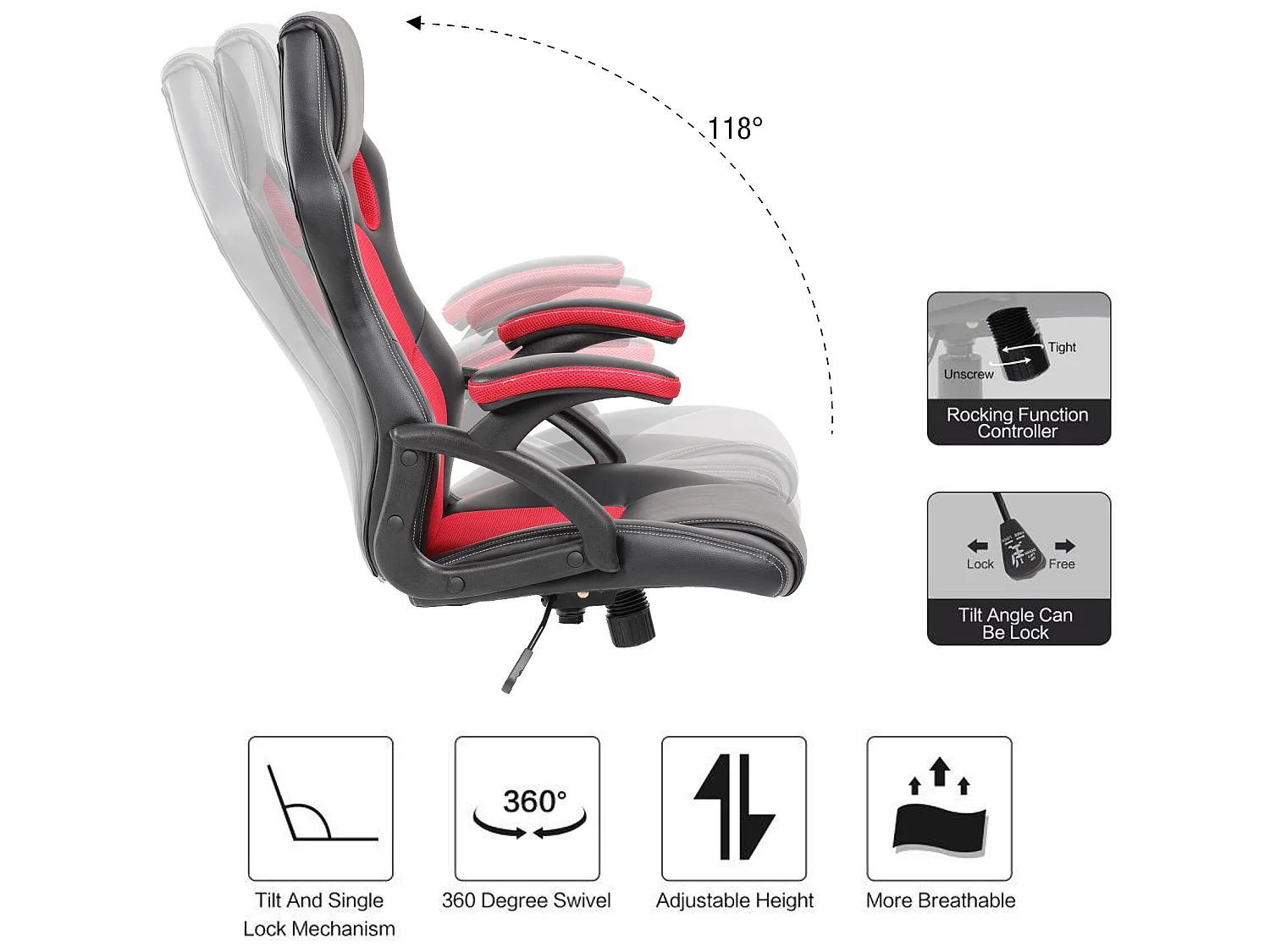 Silla Oficina Gamer Negra Roja Cuero Sintético Nylon 120x66x63