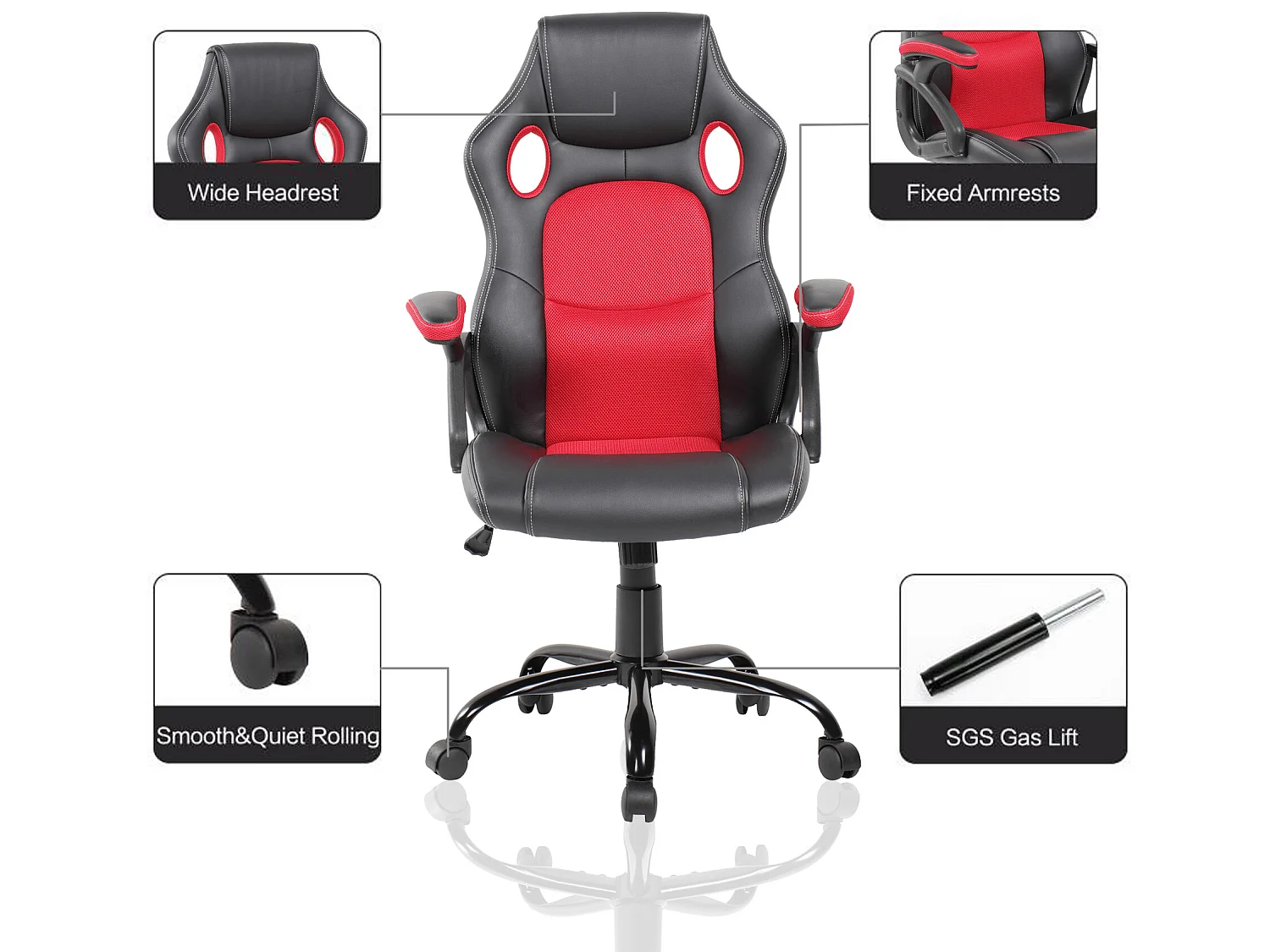 Silla Oficina Gamer Negra Roja Cuero Sintético Nylon 120x66x63