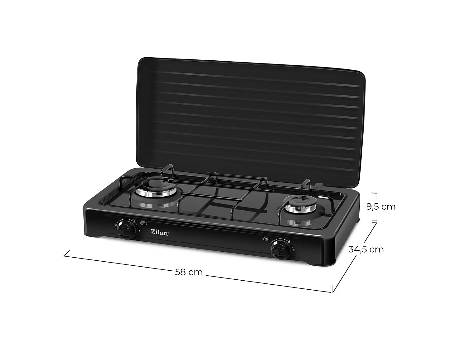 Fornello a gas con 2 fuochi e coperchio 58x34,5x9,5cm Zilan