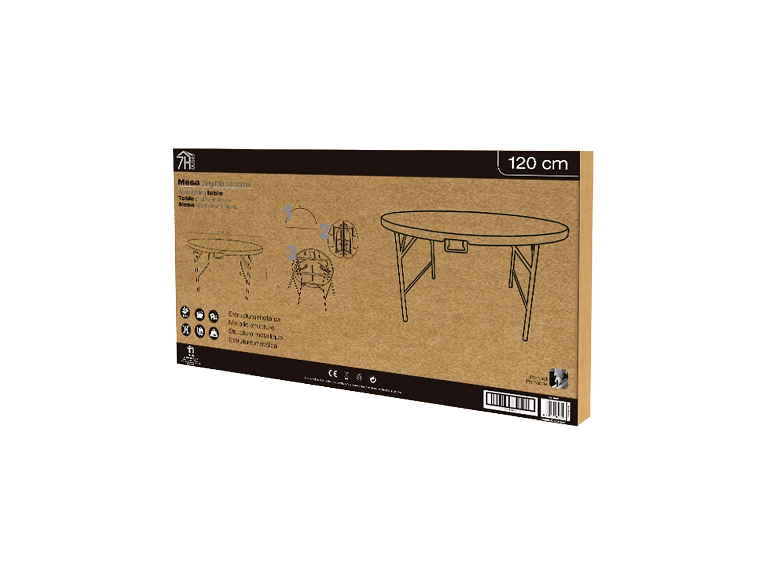 Mesa Plegable Redonda Efecto Granito Blanco Ø122x74cm 7house