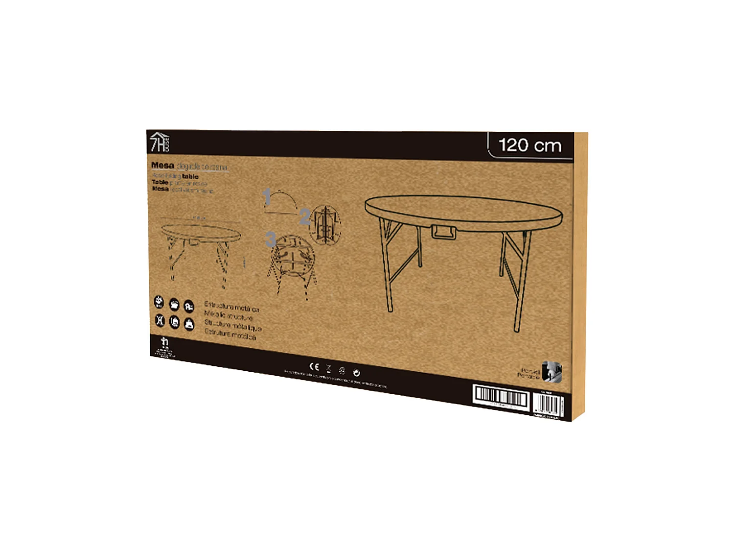 Mesa Plegable Redonda Efecto Granito Blanco Ø122x74cm 7house