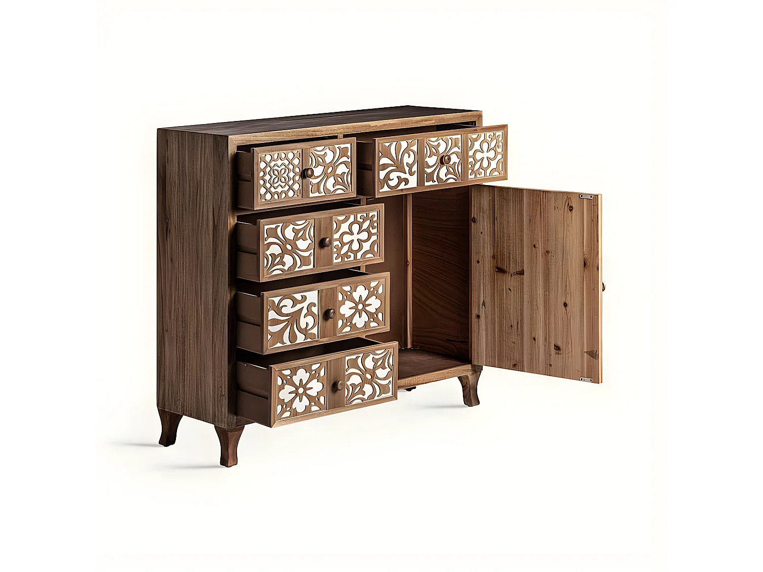 Comoda Acabado Marron Serie Nazari  De 5 Cajones