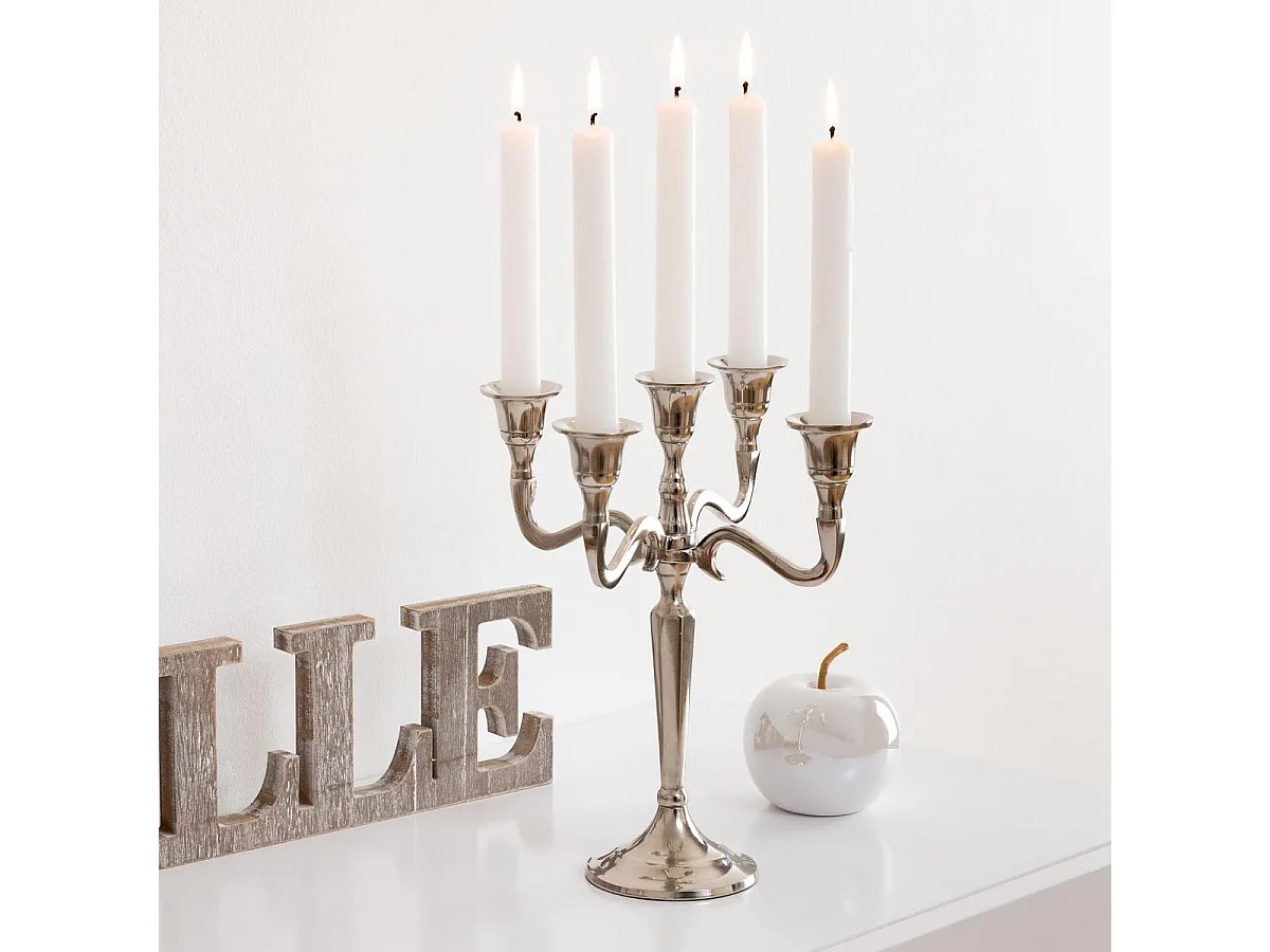 Bougeoir Chandelier 5 têtes en Métal Argent H 27 cm