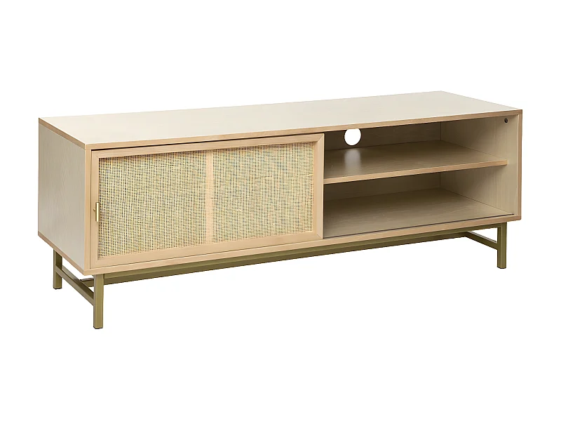 Meuble TV en Bois et Cannage Rotin 140 x 40 x 50 cm
