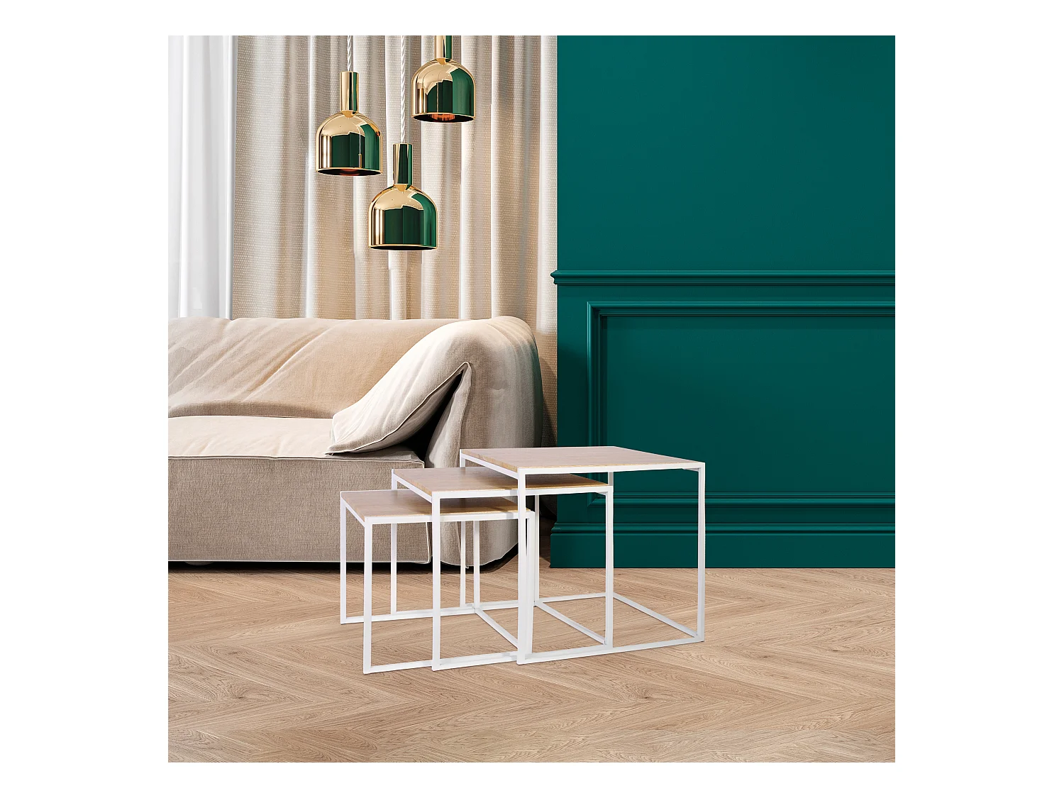 Tables Carrees Gigognes Blanches X3 Marron, Blanc