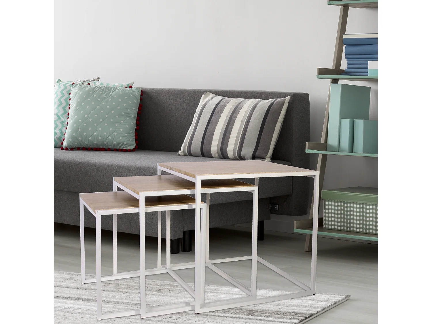 Tables Carrees Gigognes Blanches X3 Marron, Blanc