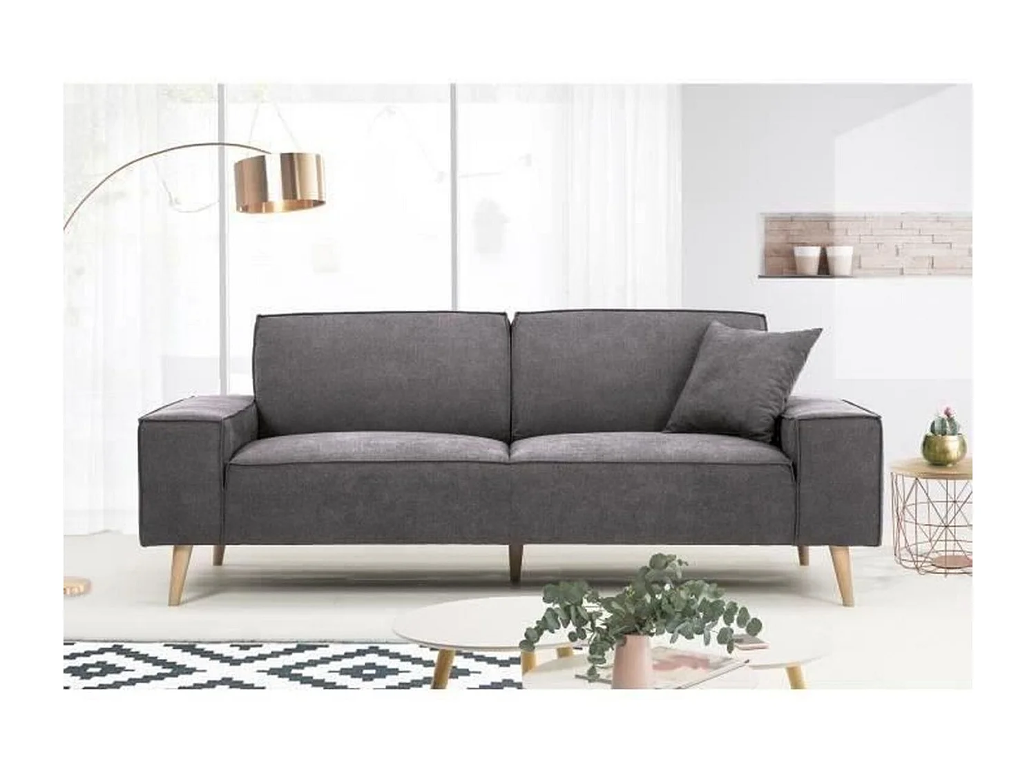 Canapé Droit 3 Places - Tissu Gris - HEXAGONE