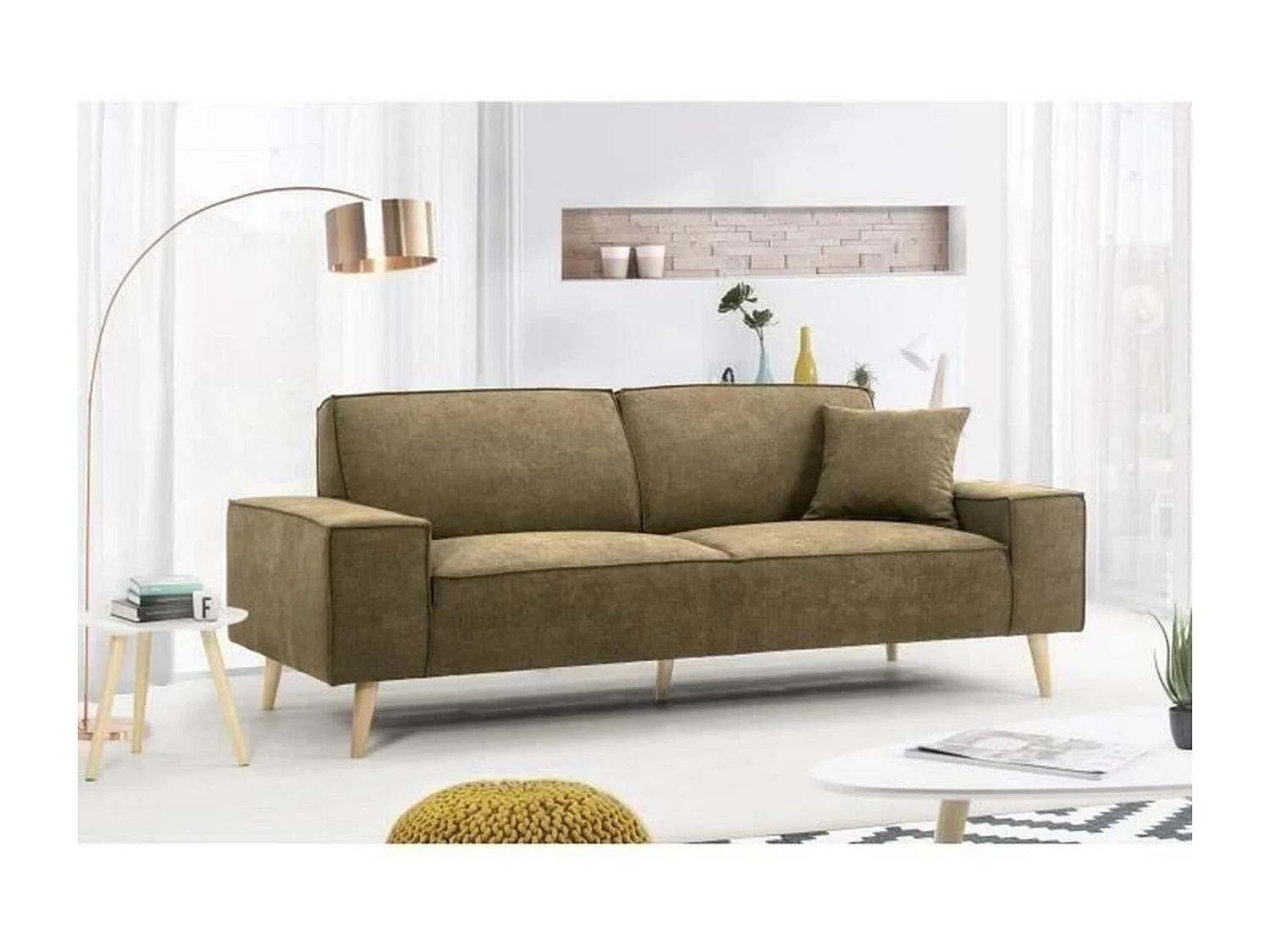 Canapé droit 3 places en tissu Olive - L 216 x P 90 x H 80 cm
