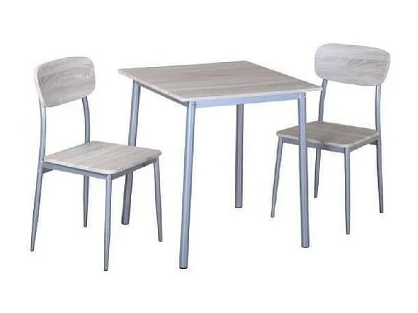 MESA DE COMEDOR CON SILLAS de la colección TOULON. Color madera y patas de metal gris.