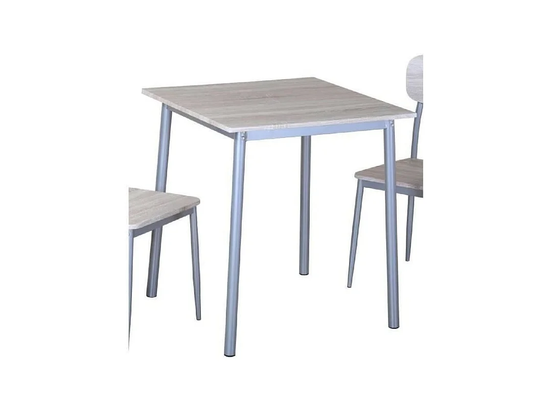 MESA DE JANTAR COM CADEIRAS da coleção TOULON. Cor de madeira e pés de metal cinza.