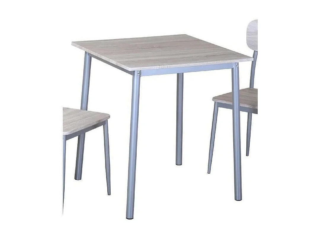 MESA DE JANTAR COM CADEIRAS da coleção TOULON. Cor de madeira e pés de metal cinza.