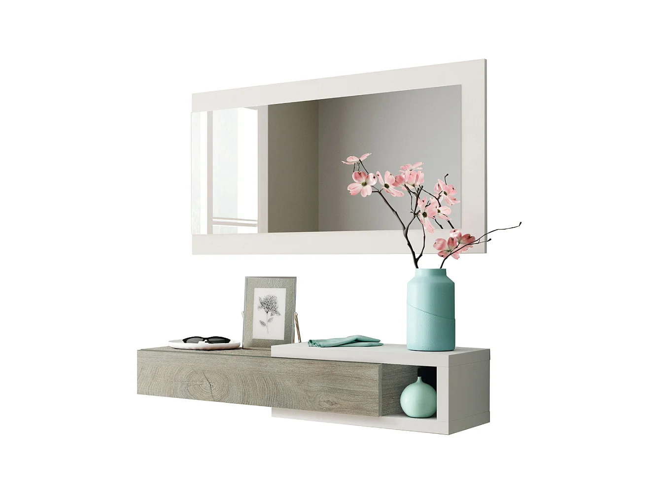 Console suspendue réversible avec 1 tiroir et 1 miroir L95 cm - NOON