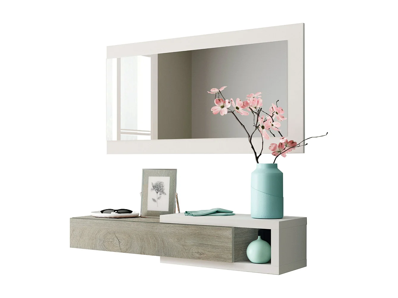 Console suspendue réversible avec 1 tiroir et 1 miroir L95 cm - NOON