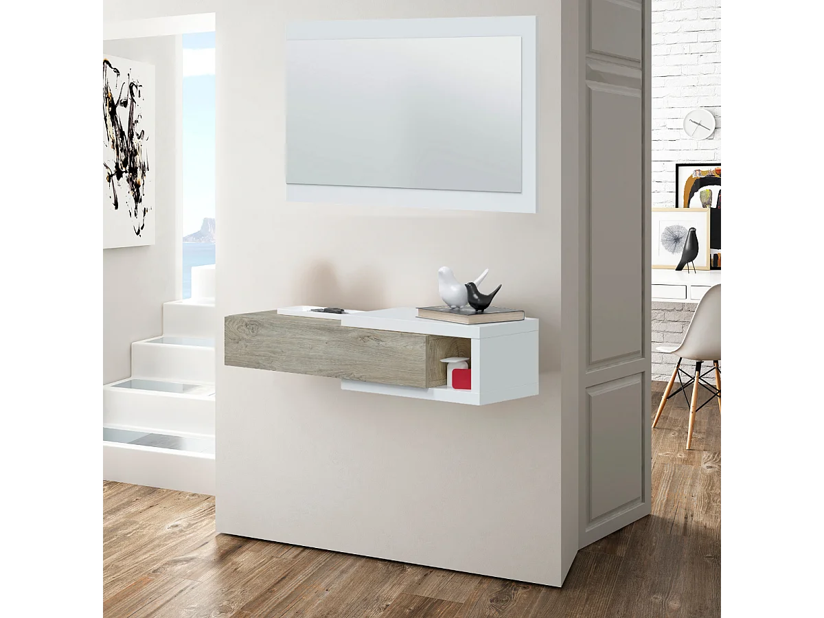 Console suspensa reversível com 1 gaveta e 1 espelho L95 cm - NOON Branco Fosco