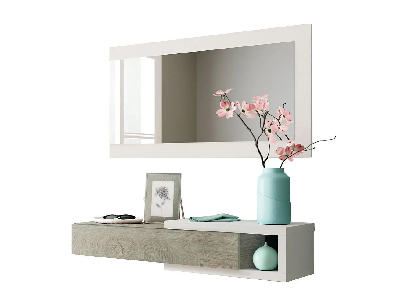 Console suspensa reversível com 1 gaveta e 1 espelho L95 cm - NOON Branco Fosco