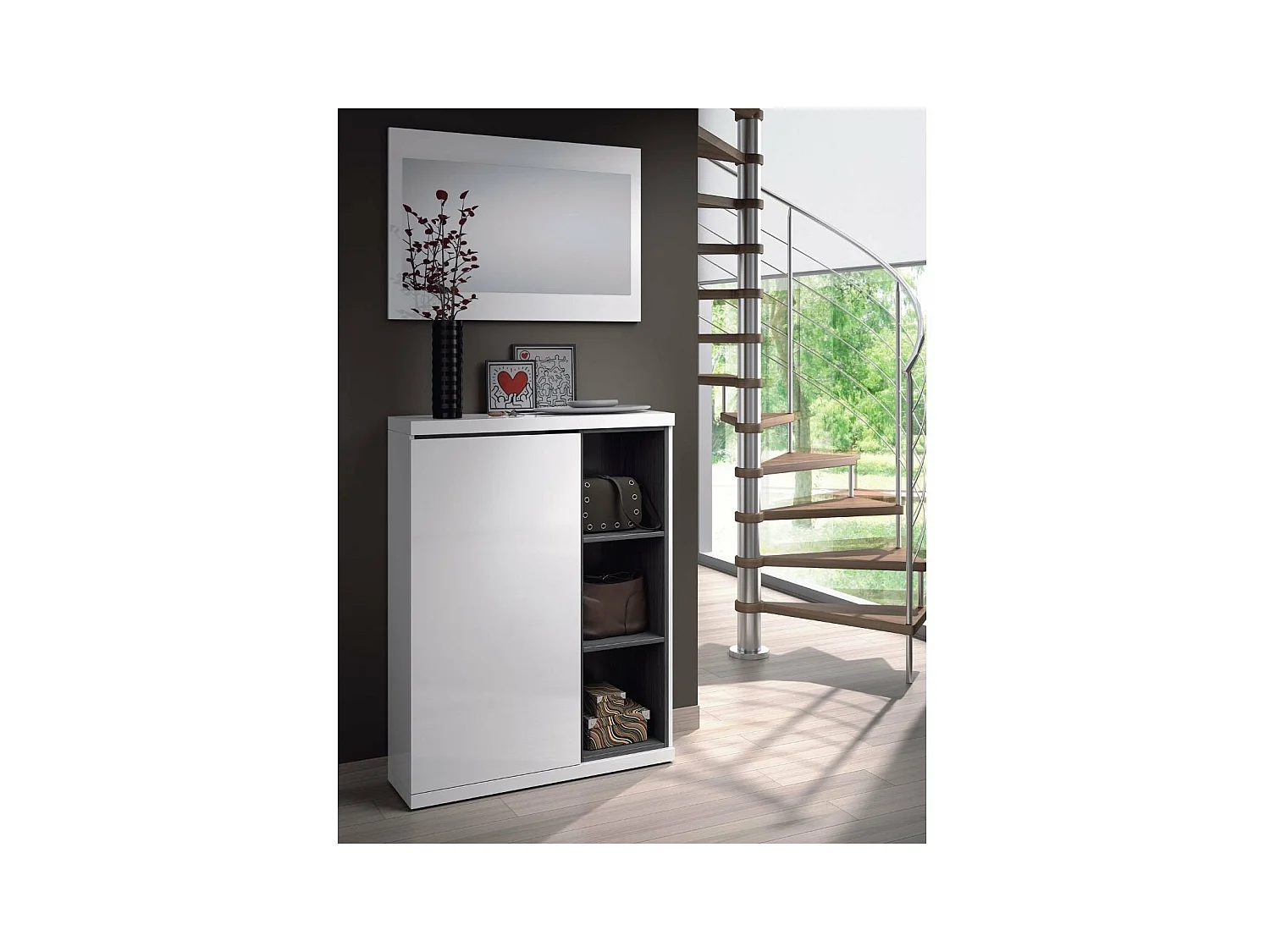 Meuble d'entrée 1 porte avec rangement chaussures et miroir Adhara - L108 cm