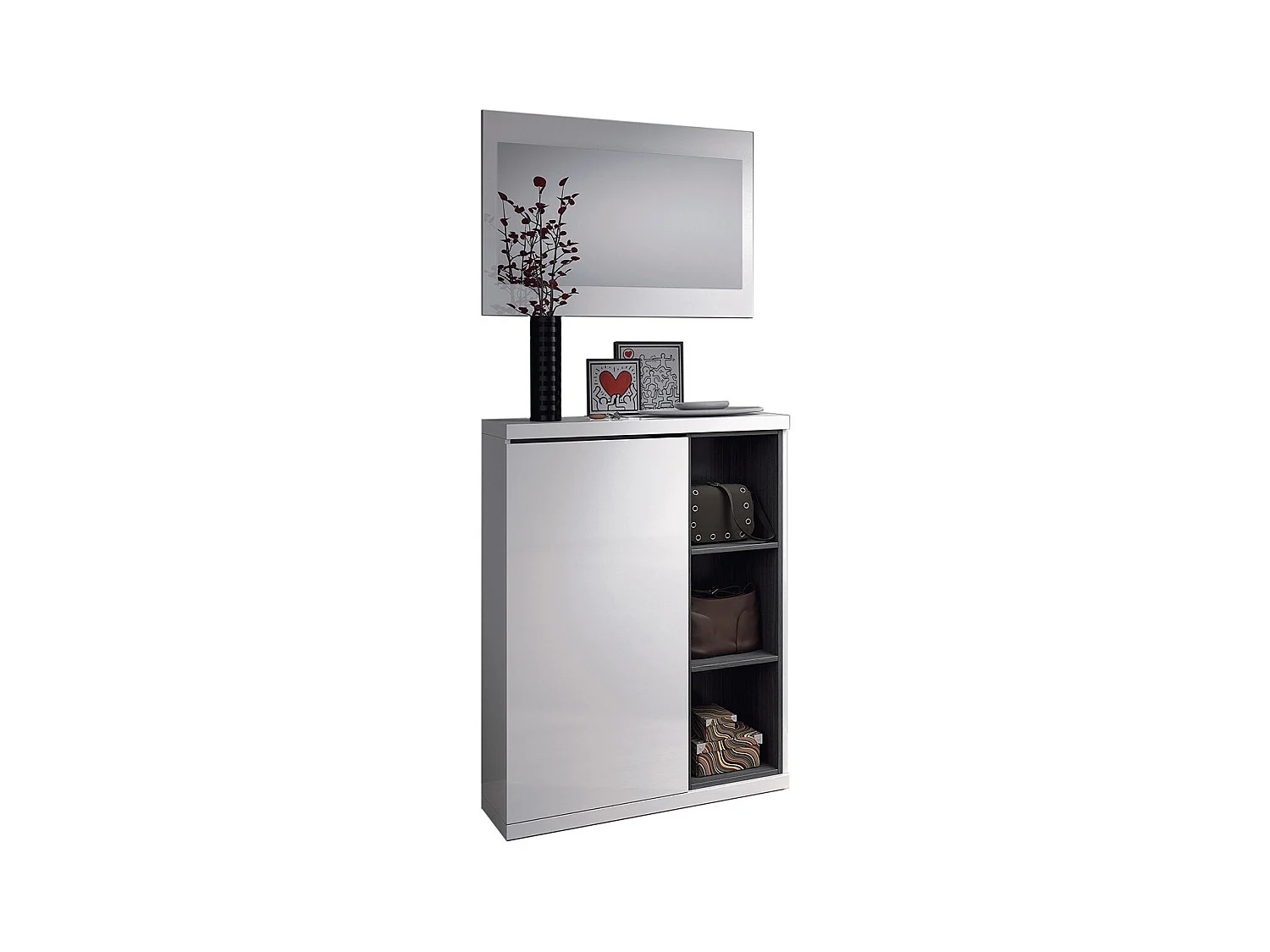 Meuble d'entrée 1 porte avec rangement chaussures et miroir Adhara - L108 cm