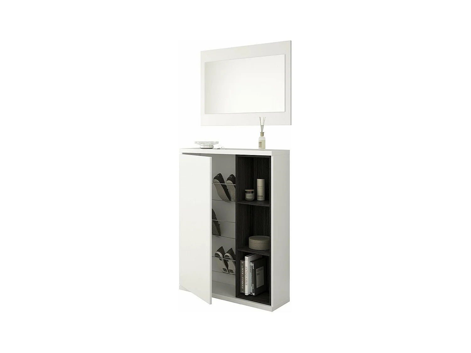 Meuble d'entrée 1 porte avec rangement chaussures et miroir Adhara - L108 cm