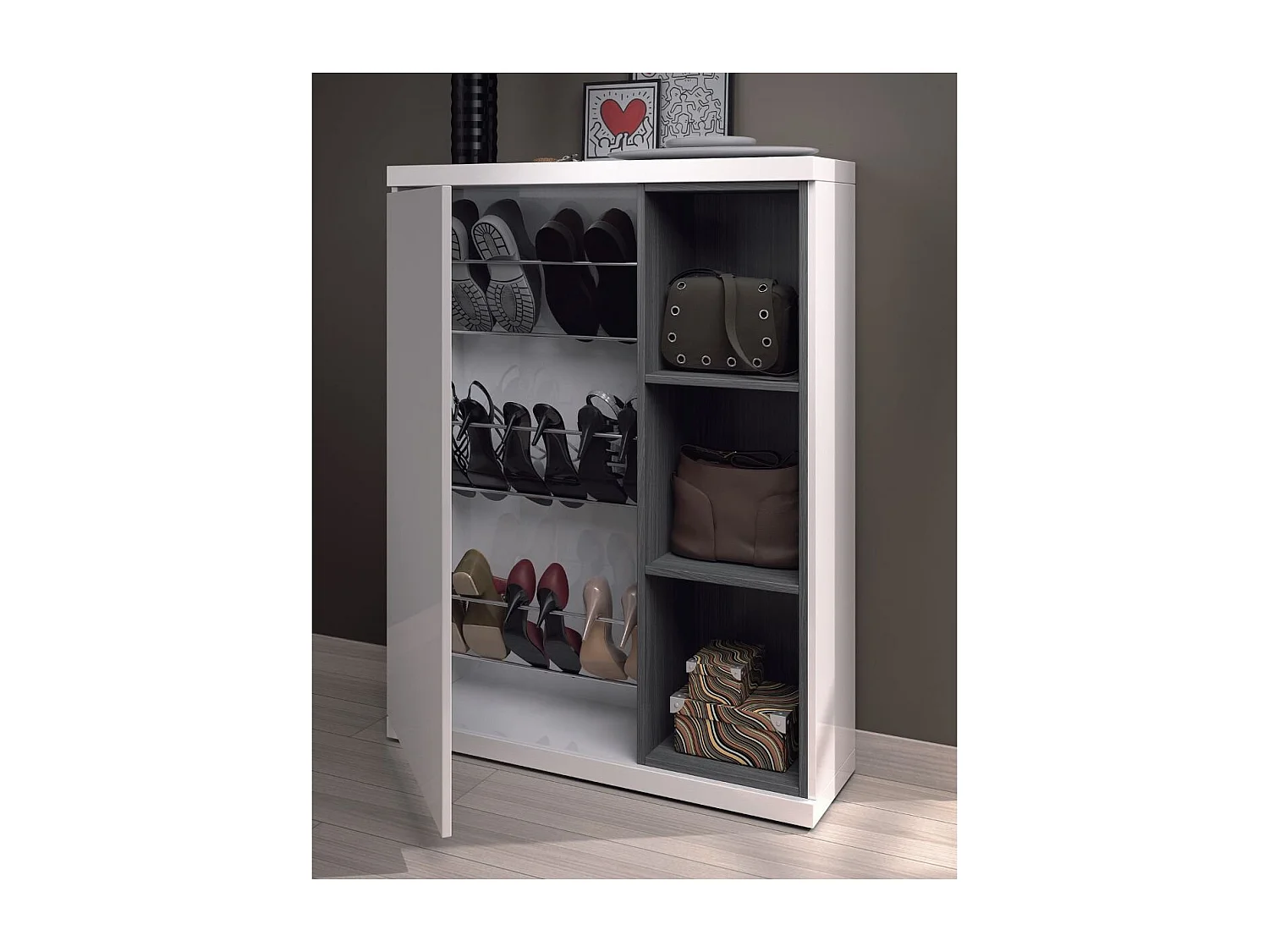 Meuble d'entrée 1 porte avec rangement chaussures et miroir Adhara - L108 cm