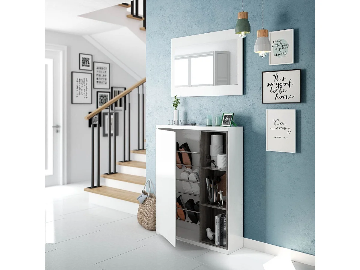 Meuble d'entrée 1 porte avec rangement chaussures et miroir Adhara - L108 cm