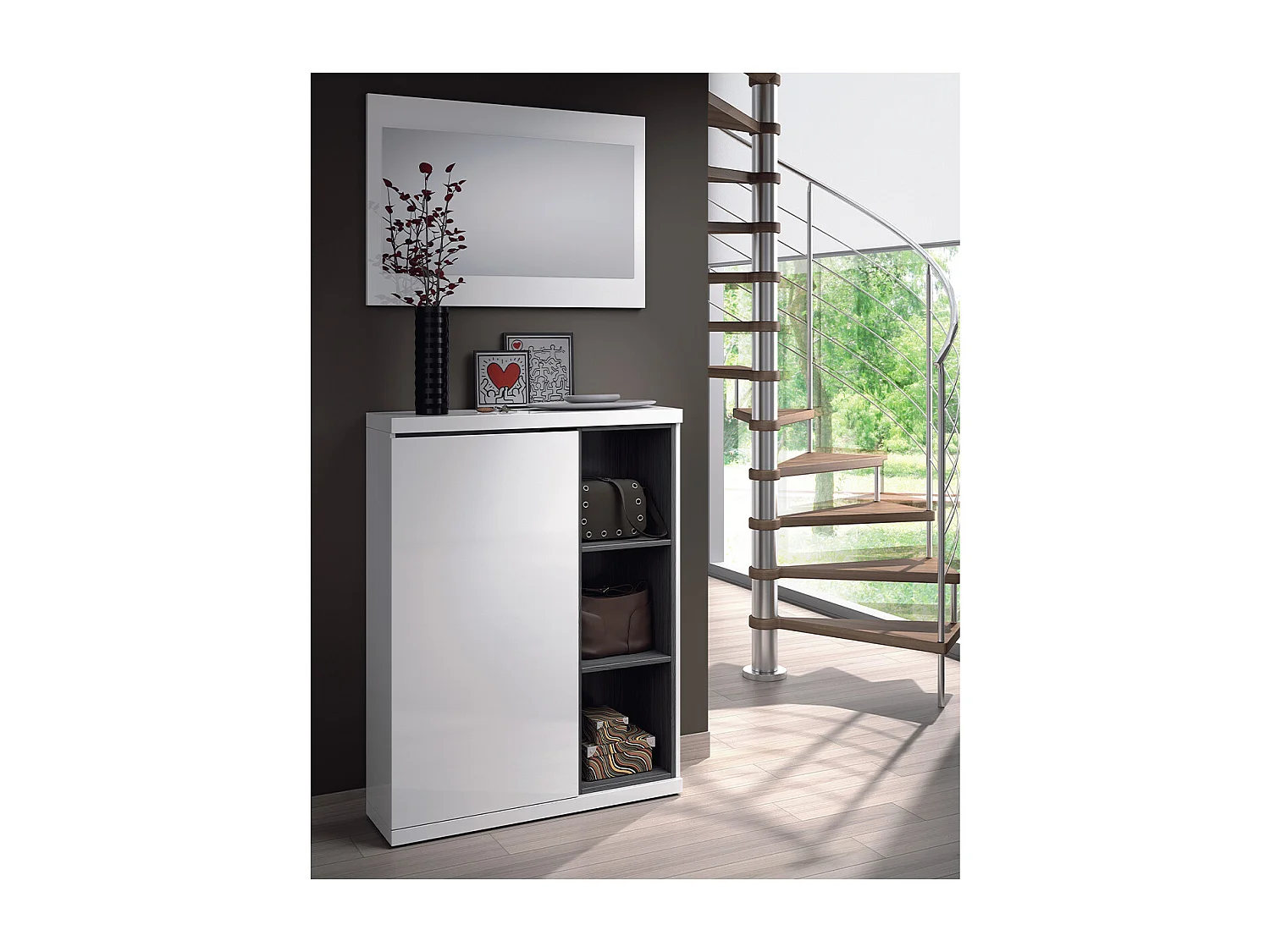 Meuble d'entrée 1 porte avec rangement chaussures et miroir Adhara - L108 cm