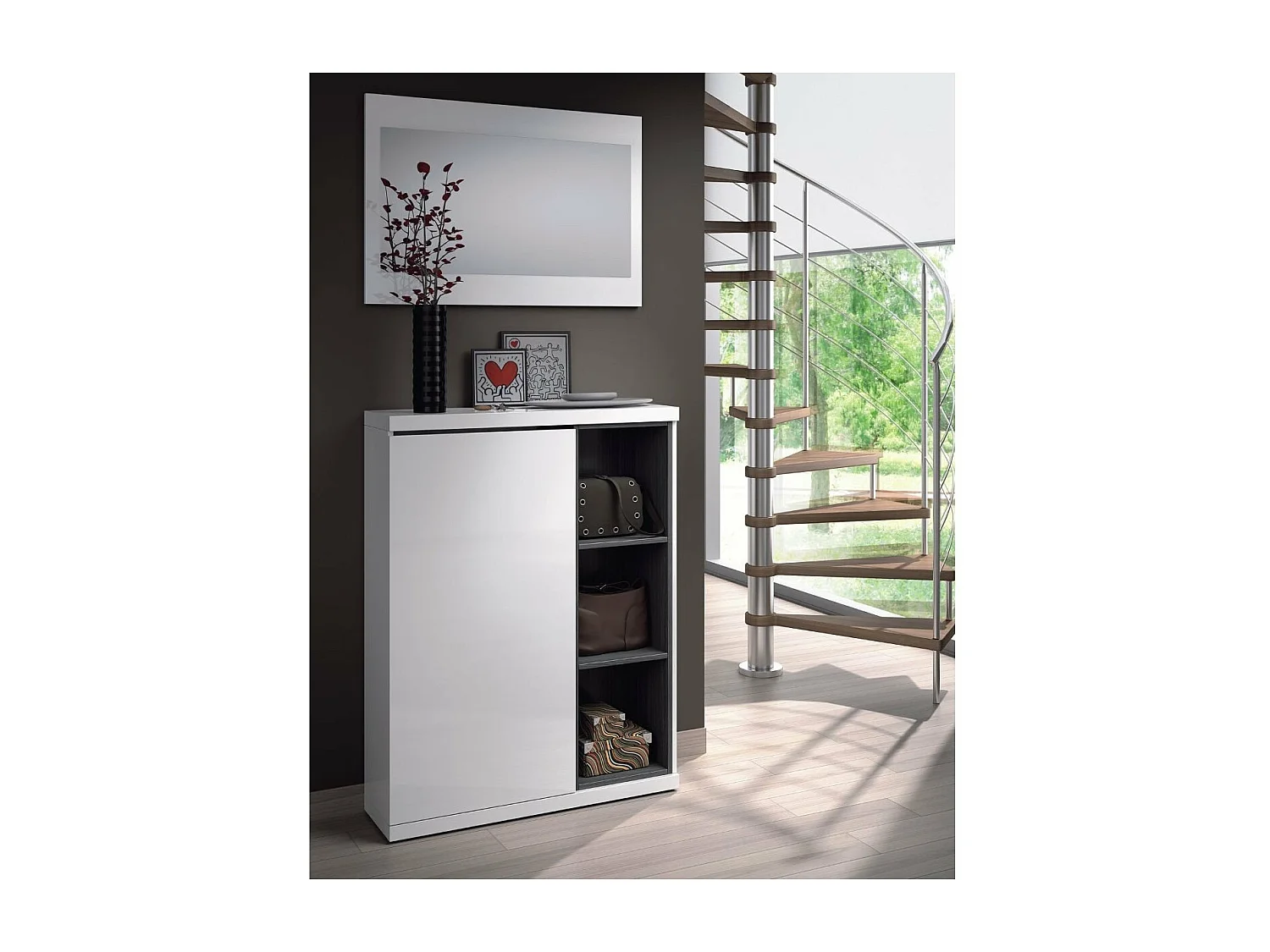 Meuble d'entrée 1 porte avec rangement chaussures et miroir Adhara - L108 cm