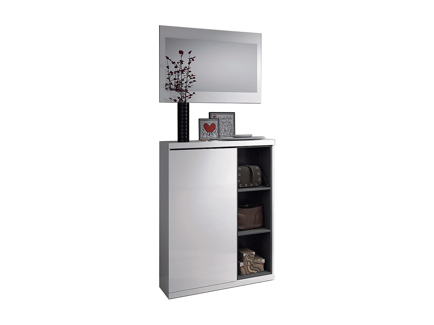 Meuble d'entrée 1 porte avec rangement chaussures et miroir Adhara - L108 cm