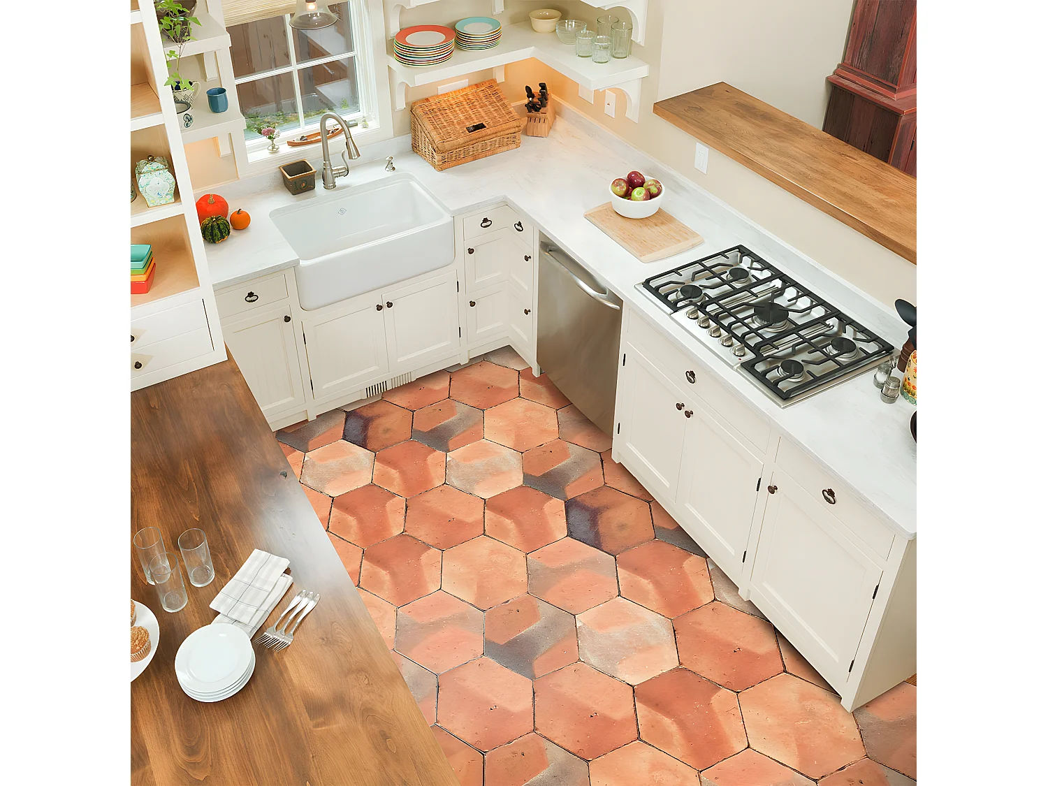 Stickers Sol Anti-dérapant avec Protection - TOMETTES TERRE CUITE SOL DE SARDAIGNE - 40x90cm-10stickershexagones20x18cm