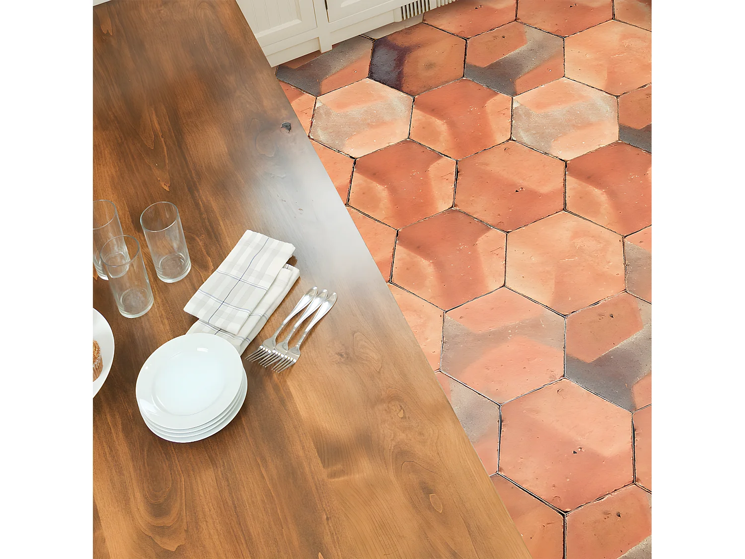 Stickers Sol Anti-dérapant avec Protection - TOMETTES TERRE CUITE SOL DE SARDAIGNE - 40x90cm-10stickershexagones20x18cm