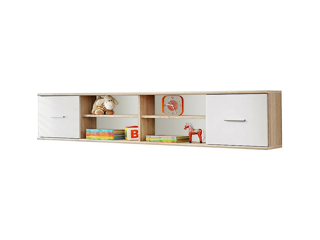 Étagère suspendue DENVER – Chêne et blanc – 2 portes et 4 niches – Rangement mural design