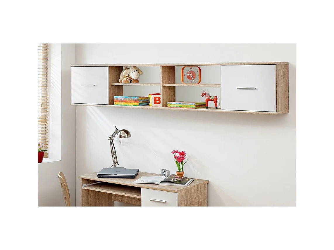 Étagère suspendue DENVER – Chêne et blanc – 2 portes et 4 niches – Rangement mural design