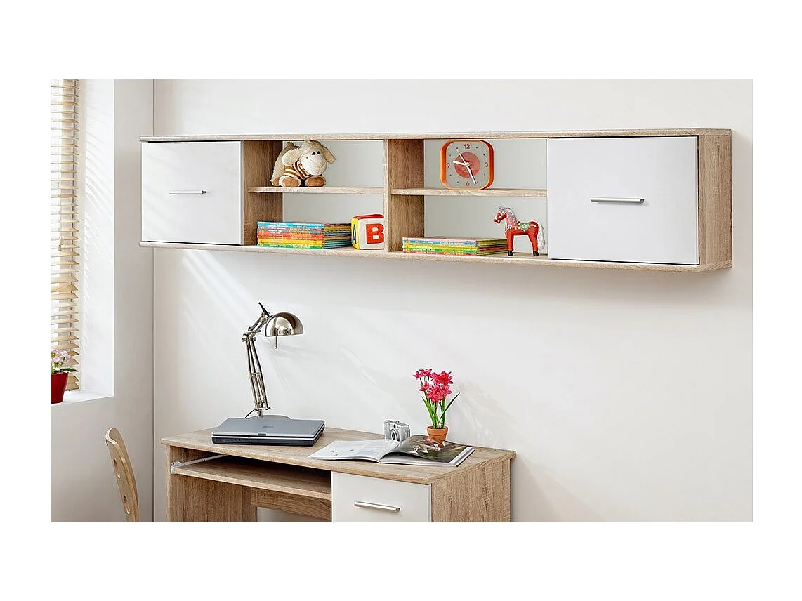 Étagère suspendue DENVER – Chêne et blanc – 2 portes et 4 niches – Rangement mural design