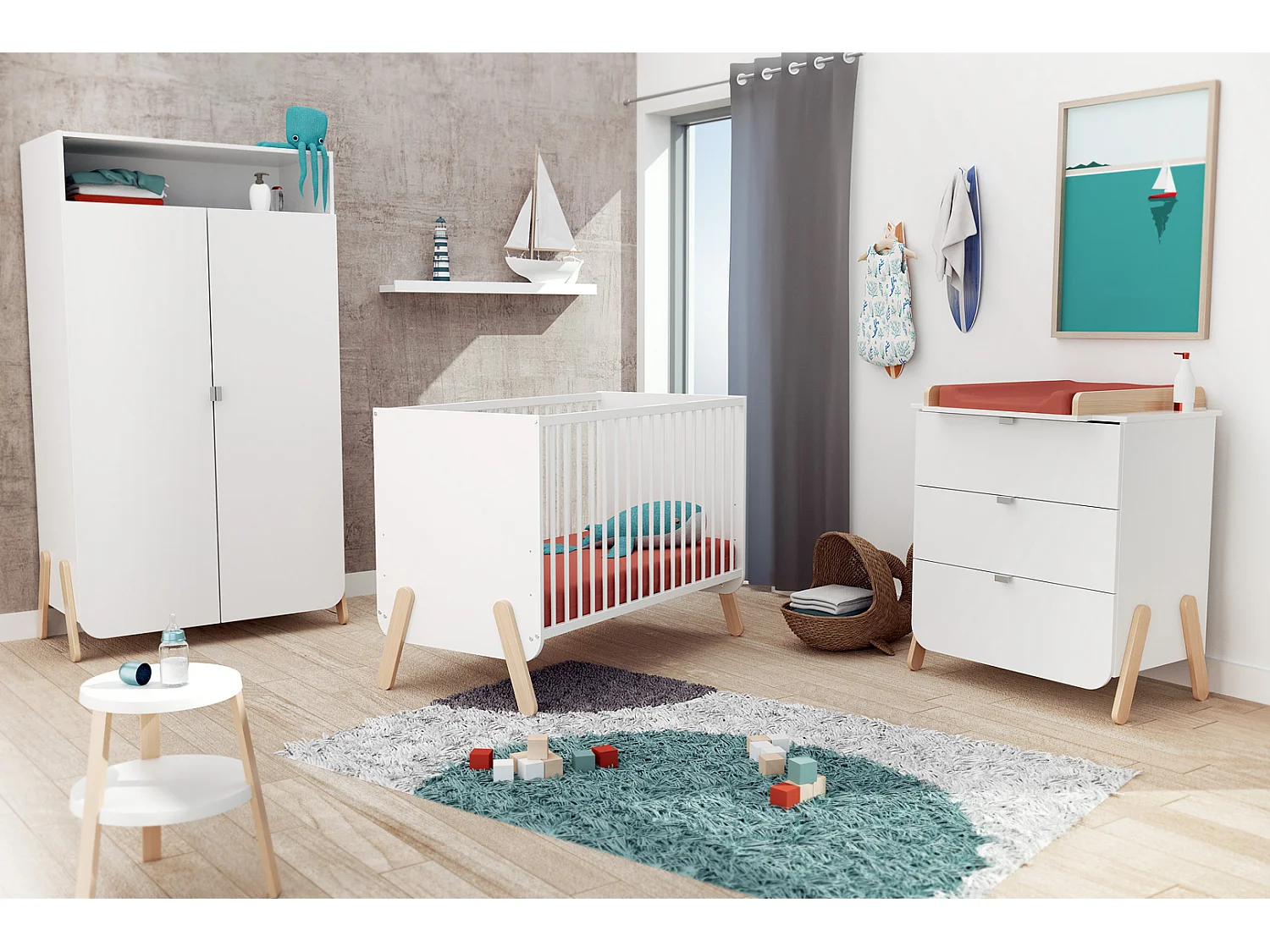 Commode à langer 3 tiroirs en bois PIRATE Blanc et Hêtre