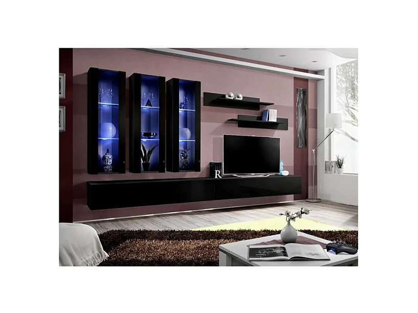 TV-Möbel FLY E3 Design, Farbe glänzend schwarz. Modernes und trendiges Hängemöbel für Ihr Wohnzimmer.