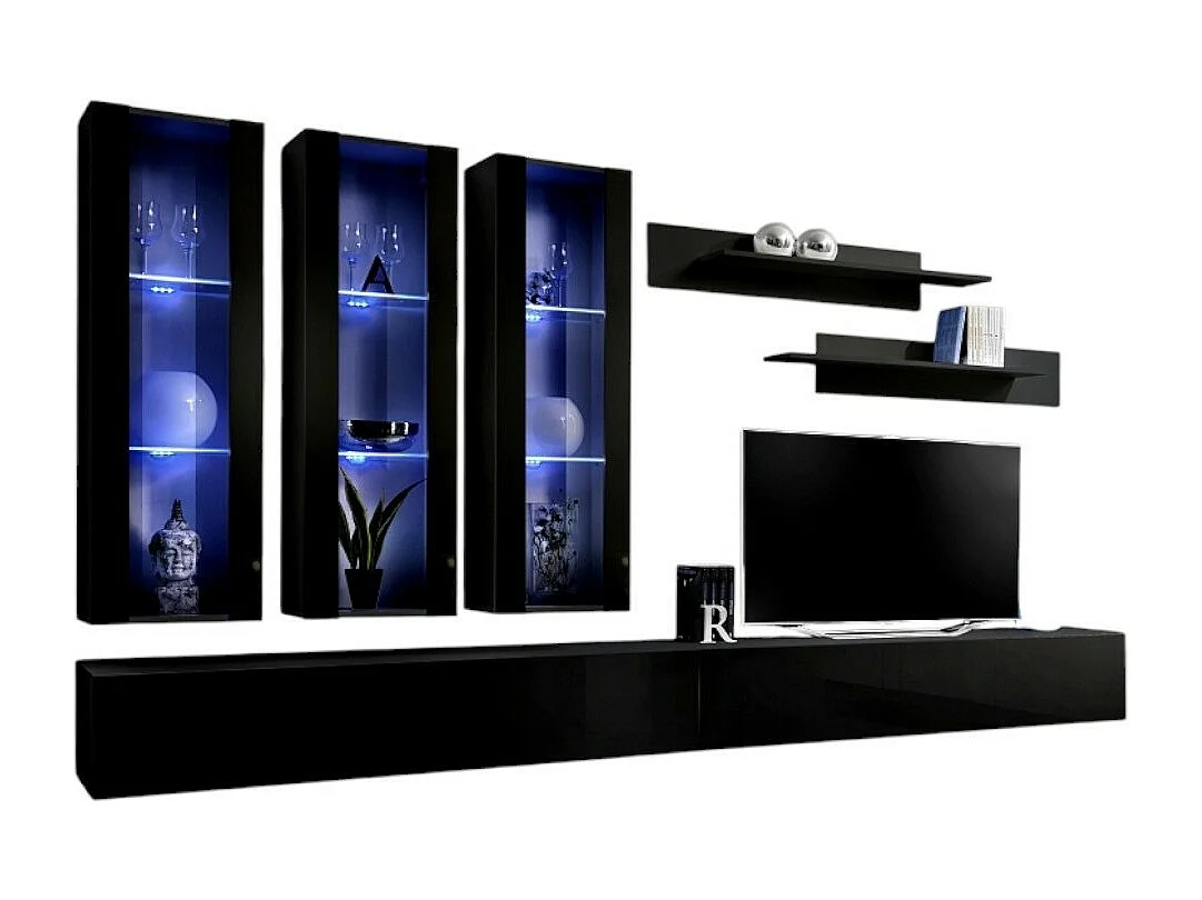 Meuble TV FLY E3 design, coloris noir brillant. Meuble suspendu moderne et tendance pour votre salon.